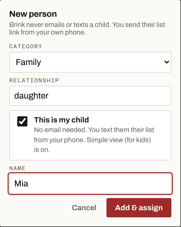 The New person box in Brink: Family, daughter, This is my child ticked, name Mia.