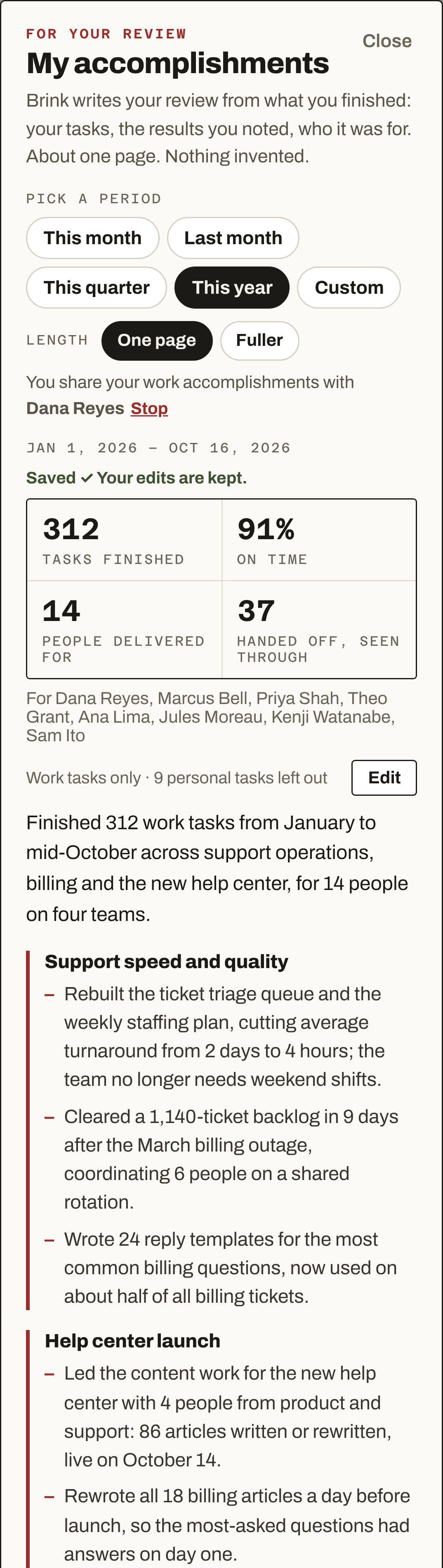 Write my review in Brink, This year: 312 tasks finished, 91% on time, 14 people delivered for, 37 handed off and seen through. Then the summary and the first themes of the write-up.