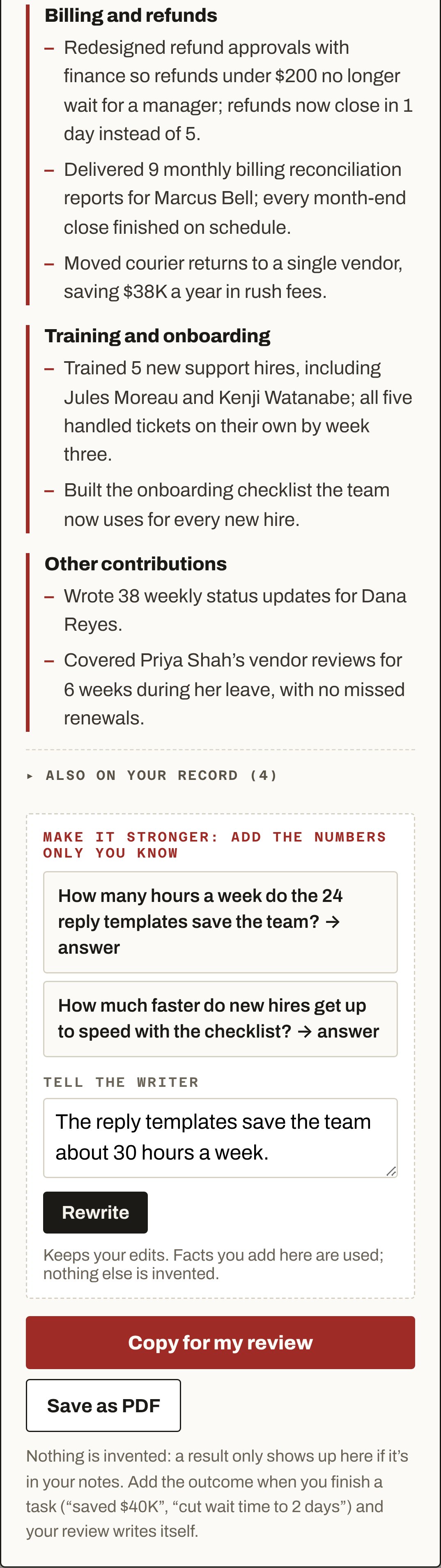 The rest of the write-up: Billing and refunds, Training and onboarding, Other contributions. Then Make it stronger: add the numbers only you know, with two questions, a Tell the writer box, Rewrite, Copy for my review and Save as PDF.