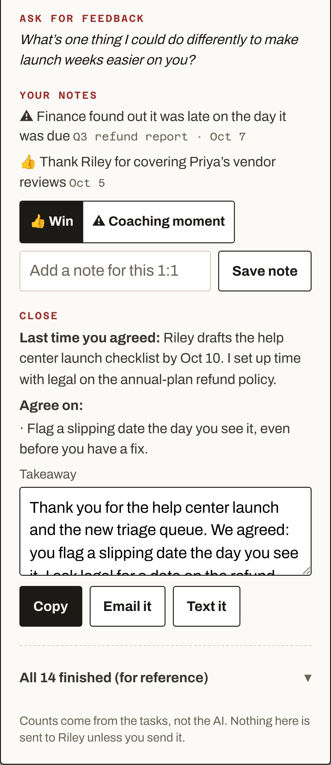 Ask for feedback. Your notes. Close: Last time you agreed, Agree on, a takeaway to copy, email or text. All 14 finished, for reference.