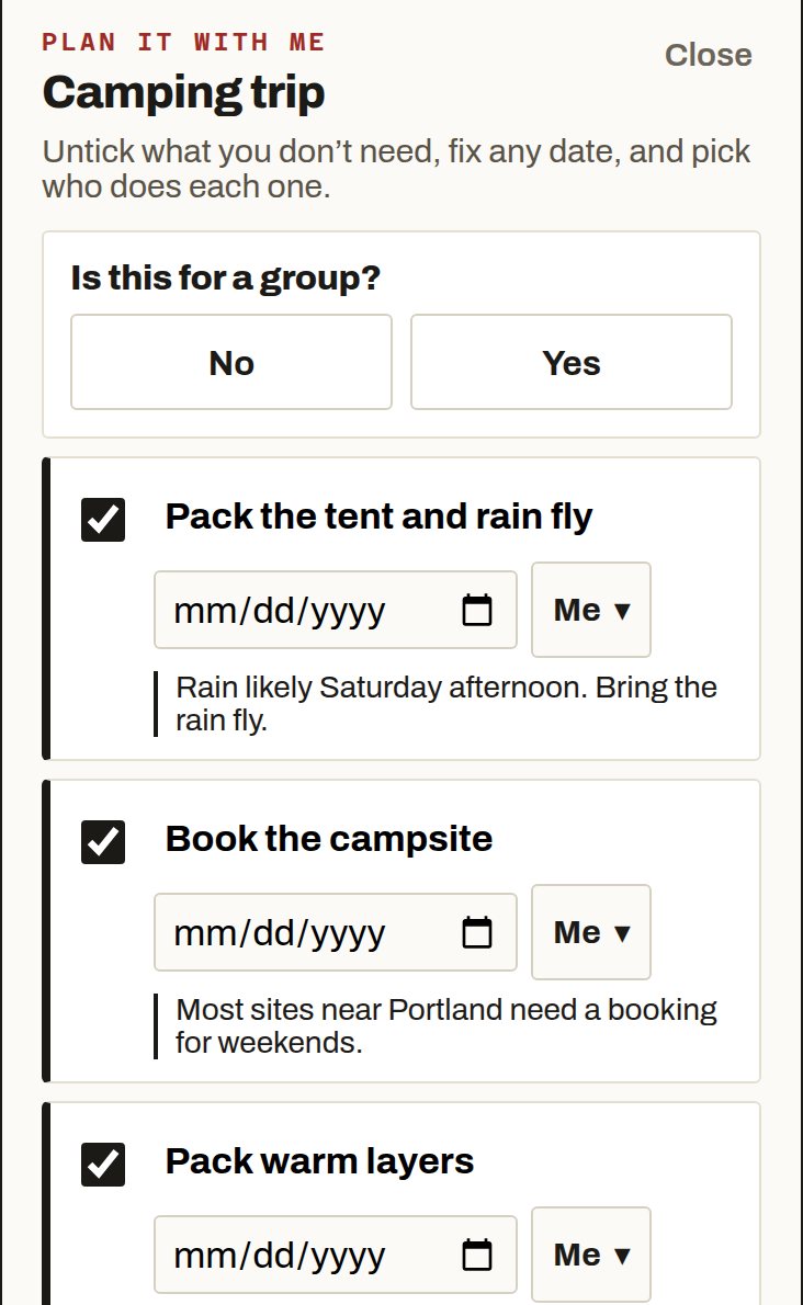 Camping trip list: Pack the tent and rain fly, rain likely Saturday afternoon. Book the campsite. Pack warm layers, nights drop to about 45F.