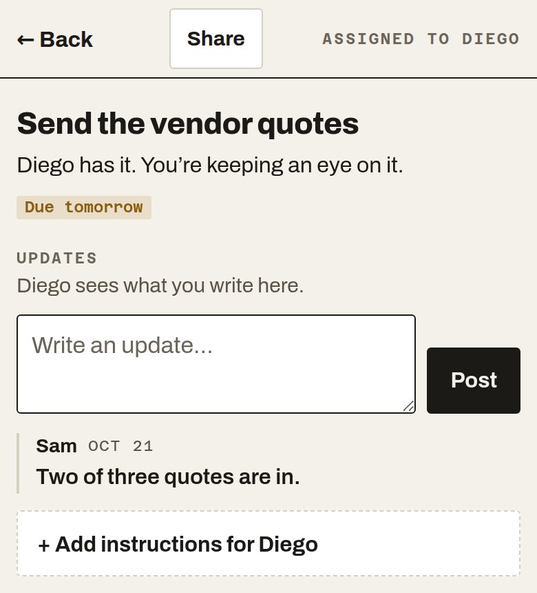 Task Send the vendor quotes with the update: Sam, Oct 21: Two of three quotes are in.